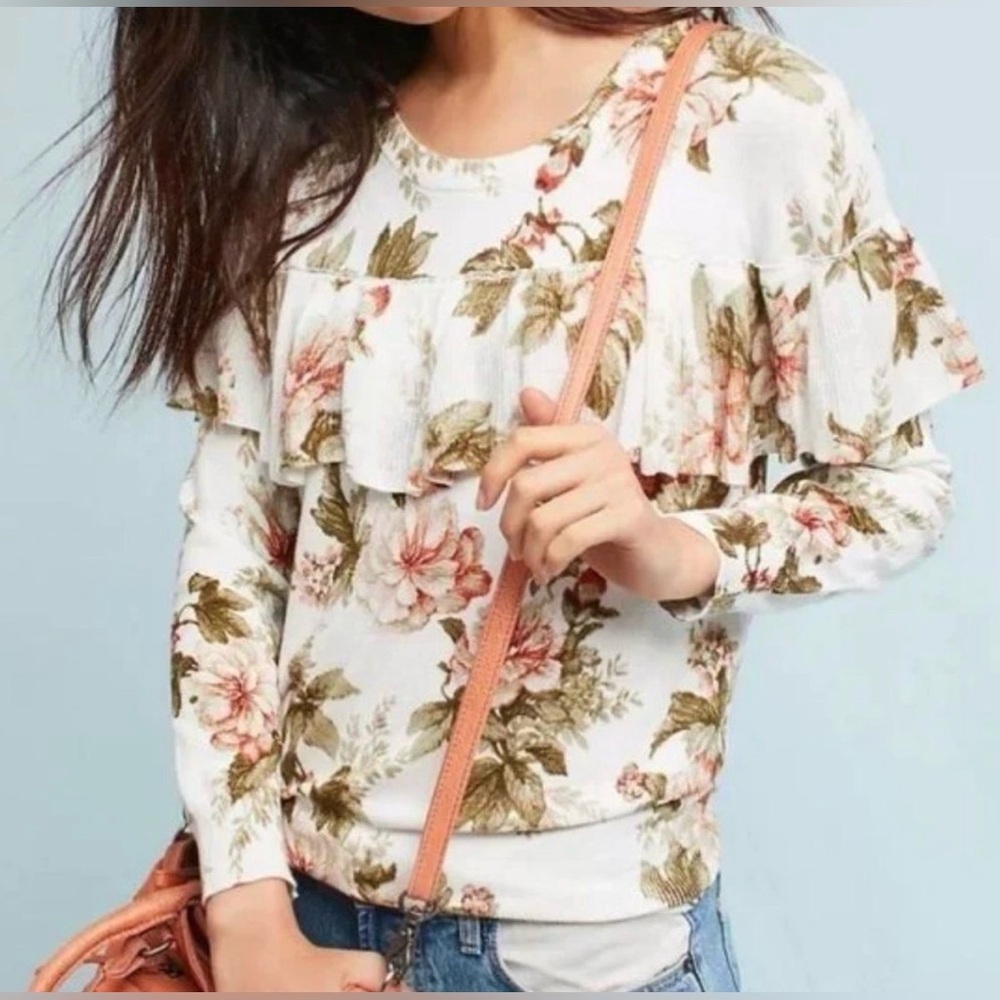 Anthropologie Harlyn Floral Ruffle Sweater Size XS